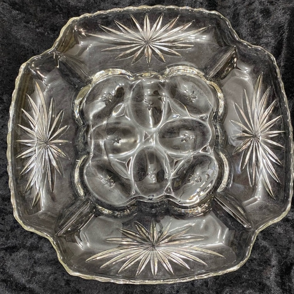 Vtg Prescut Clear Anchor Hocking Plate holds Deviled Eggs & Relish Tray Platter